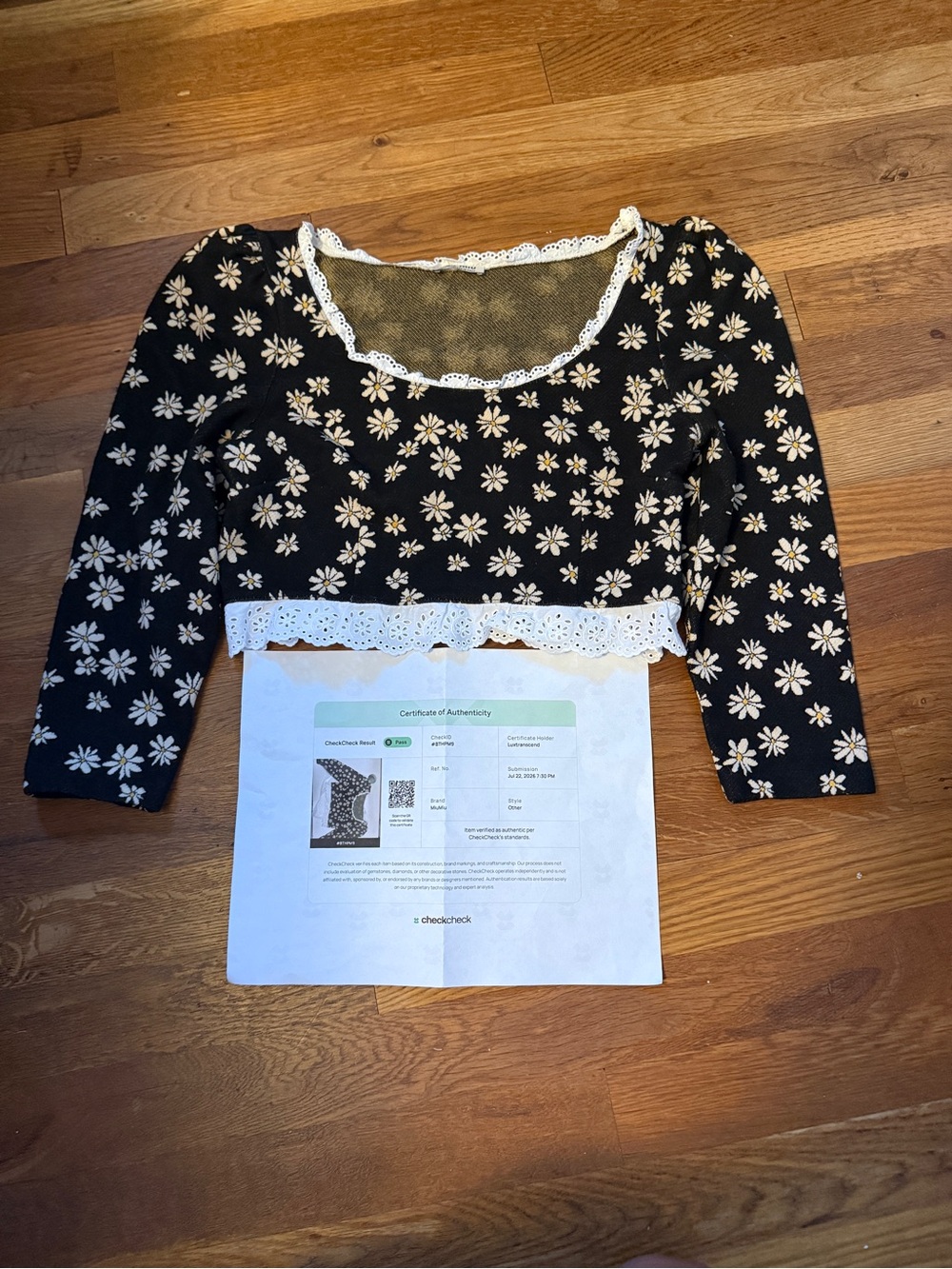 Miu Miu Black and White Daisy Print Lace Trim Crop Top XS w/COA